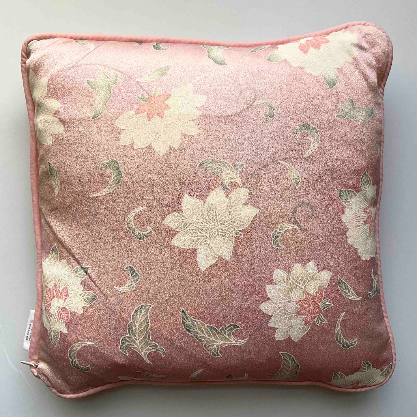 Kimono Silk Cushion Cover: Pink with White Flowers