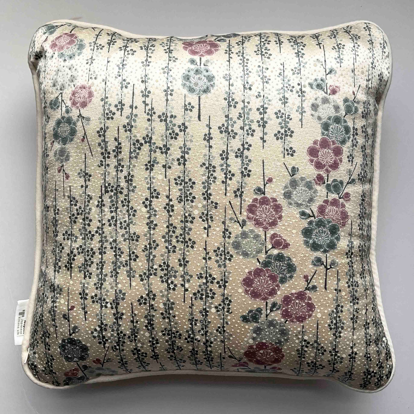 Kimono Silk Cushion Cover: White with Blue & Mauve Flowers