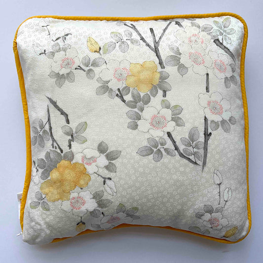 Kimono Silk Cushion Cover: White with White and Yellow Dog Roses