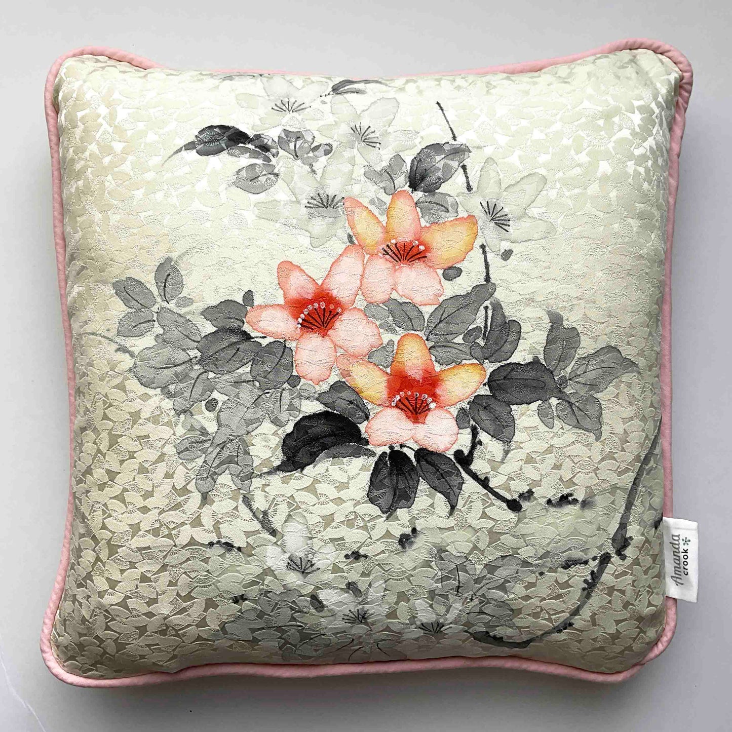Kimono Silk Cushion Cover: White with Pink Camellias