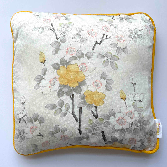 Kimono Silk Cushion Cover: White with White and Yellow Dog Roses